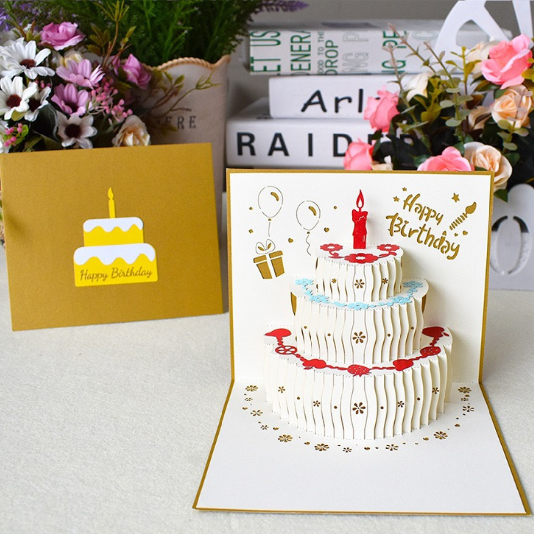 🎂 Golden Elegance Birthday Cake Pop-Up Card